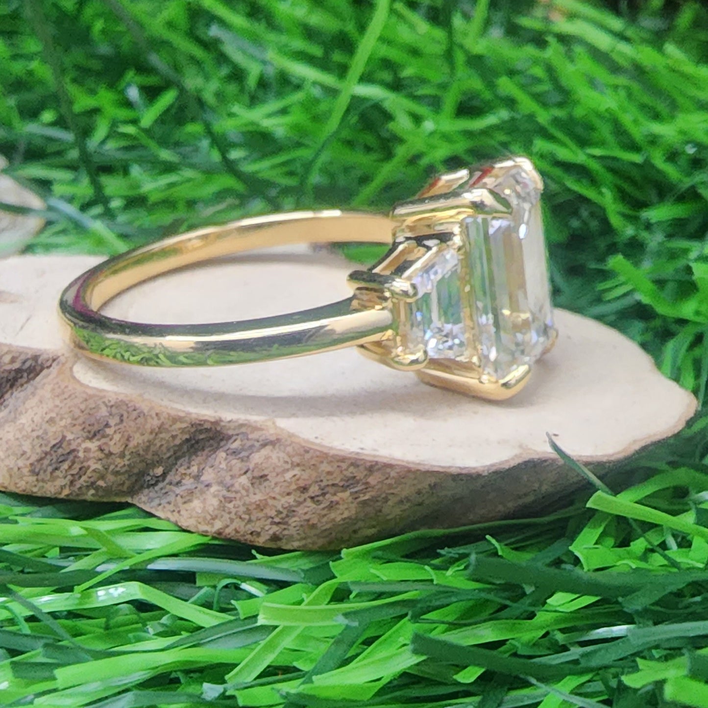 Three Stone Engagement Ring with Baguette Side Stones in 14k Yellow Gold