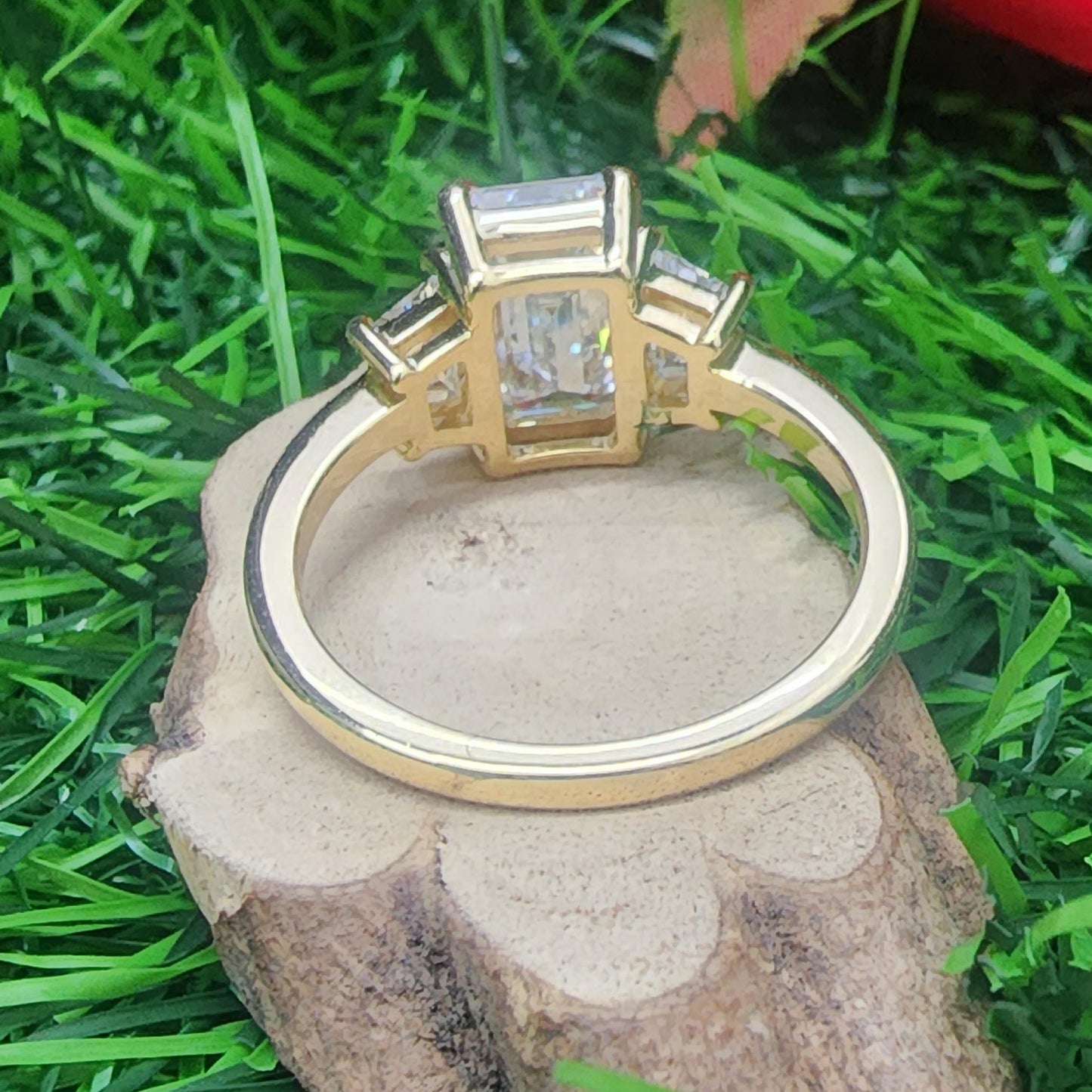 Three Stone Engagement Ring with Baguette Side Stones in 14k Yellow Gold